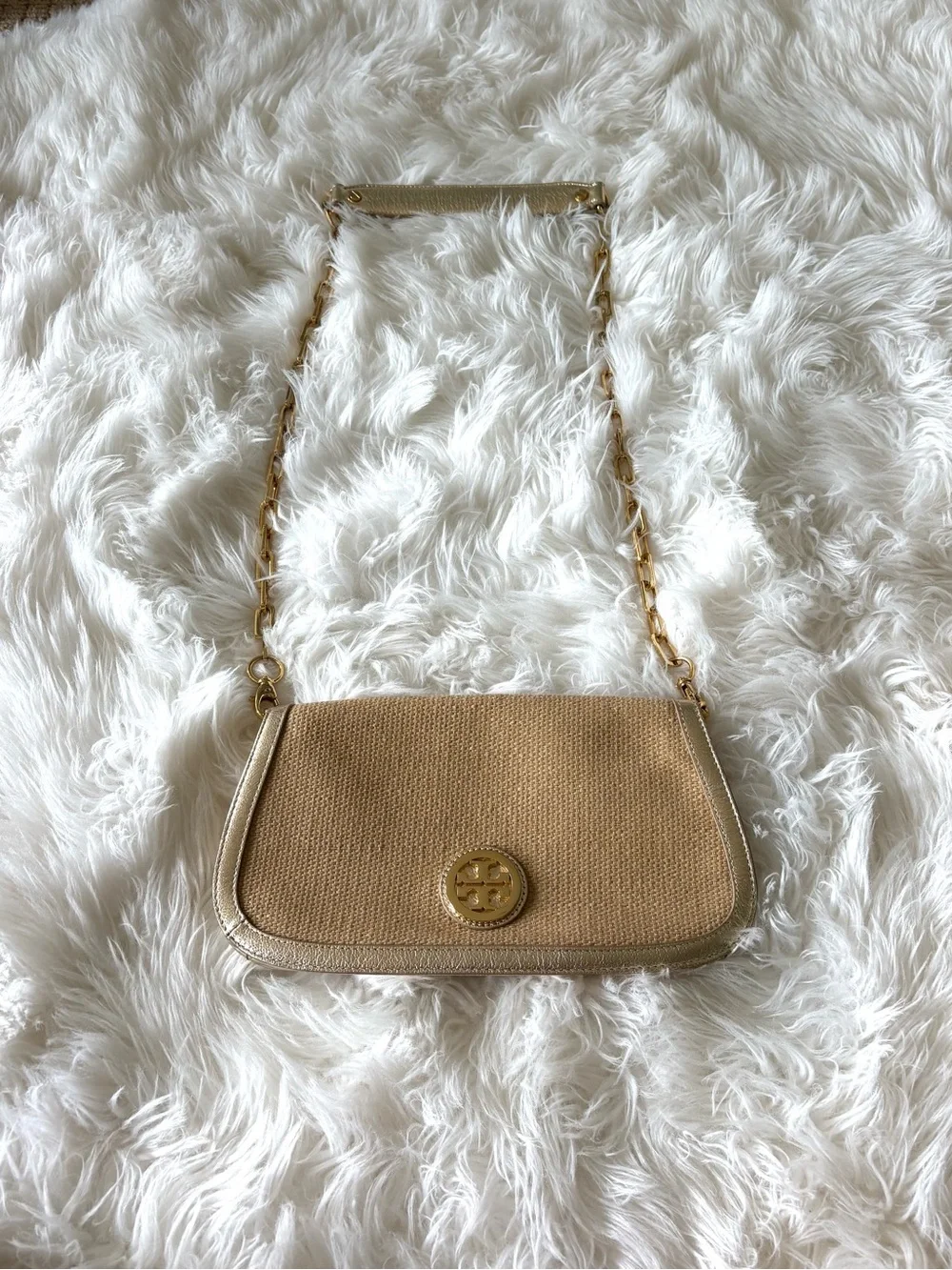 Tory Burch Raffia & Gold Crossbody Clutch